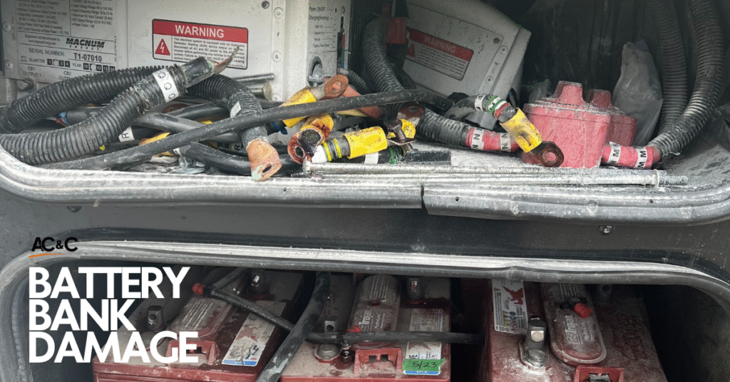 Motorhome battery banks damaged and repaired during RV tire blowout repair