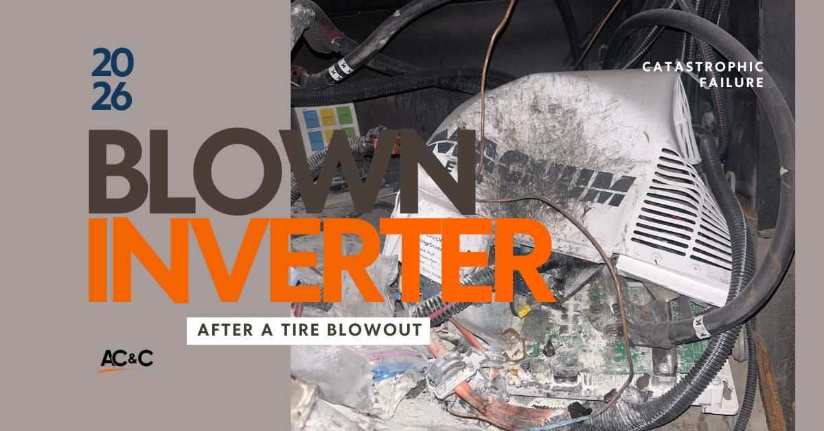 Mangled motorhome inverter from RV tire blowout repair
