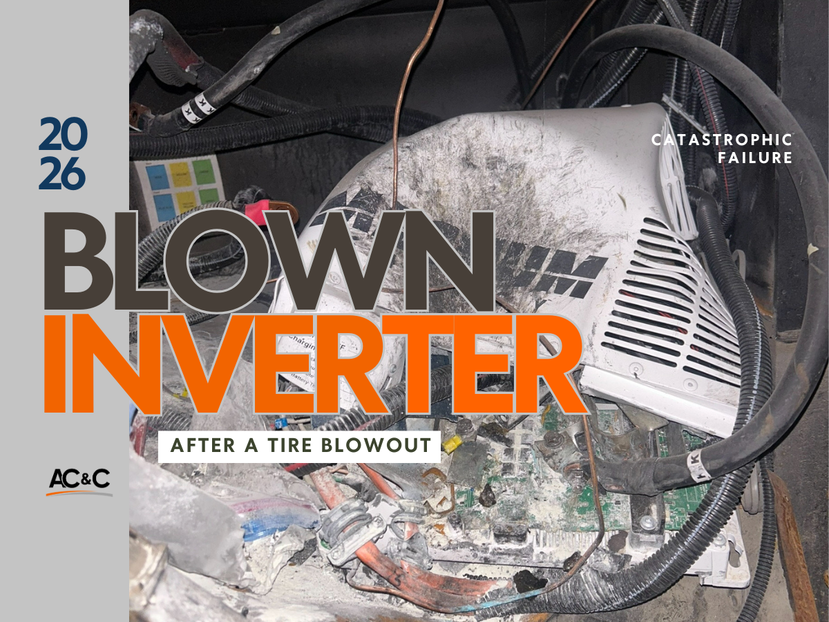Mangled motorhome inverter from RV tire blowout repair