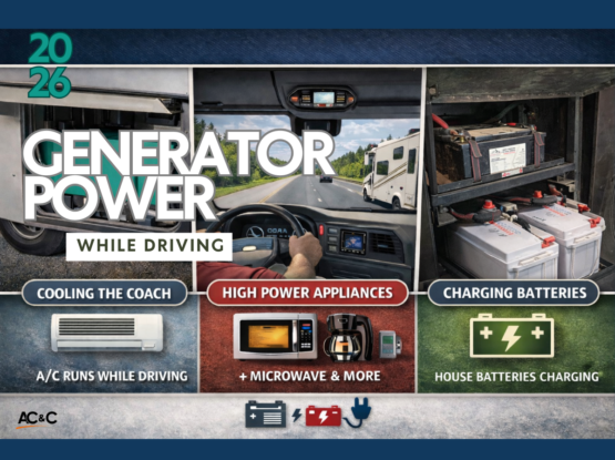 RV generator power while driving powering air conditioner appliances and charging lithium house batteries in a motorhome