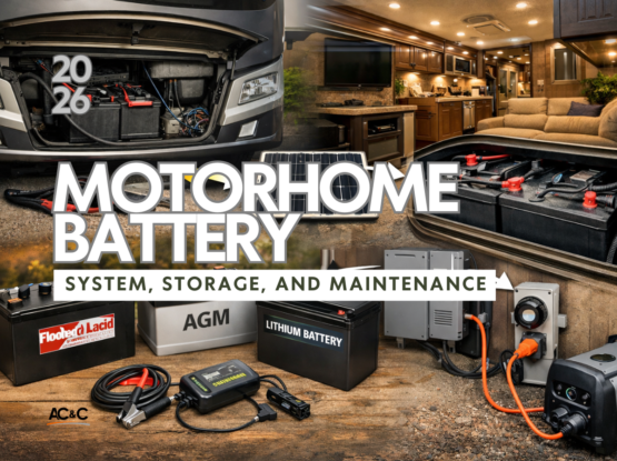 Motorhome battery system diagram showing chassis batteries house batteries lithium AGM battery types solar charging and inverter charger setup