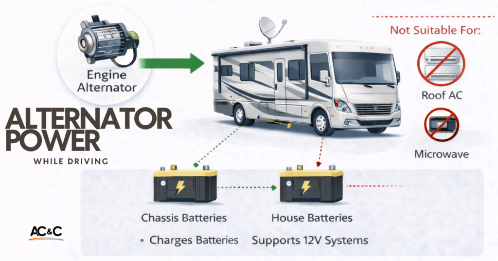 diagram showing motorhome alternator charging chassis and house batteries while driving and powering 12V systems but not air conditioners or microwaves