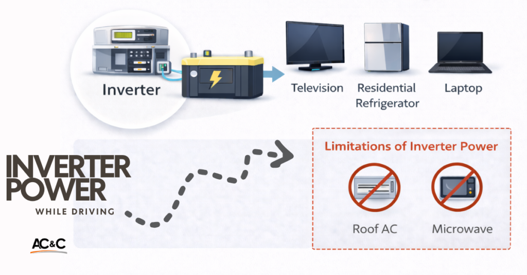 diagram showing motorhome inverter powering television refrigerator and small appliances while driving with limitations for air conditioners and microwaves