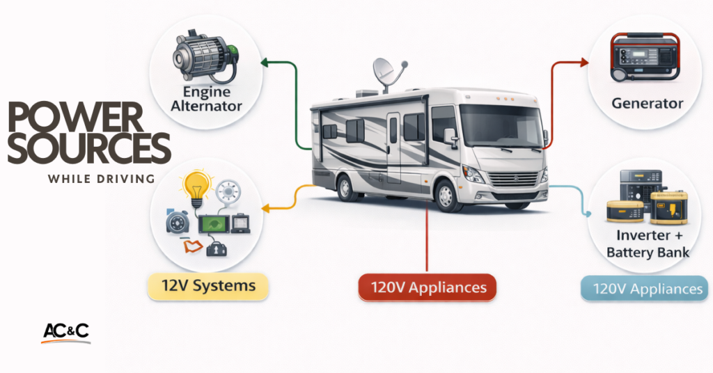 diagram showing motorhome power sources while driving including alternator generator and inverter battery bank powering 12V and 120V systems