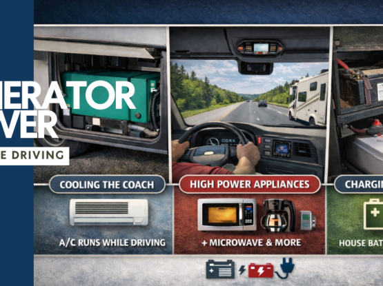 RV generator power while driving powering air conditioner appliances and charging lithium house batteries in a motorhome