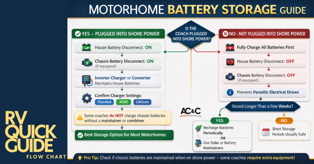 motorhome battery storage flow chart showing disconnect settings with and without shore power