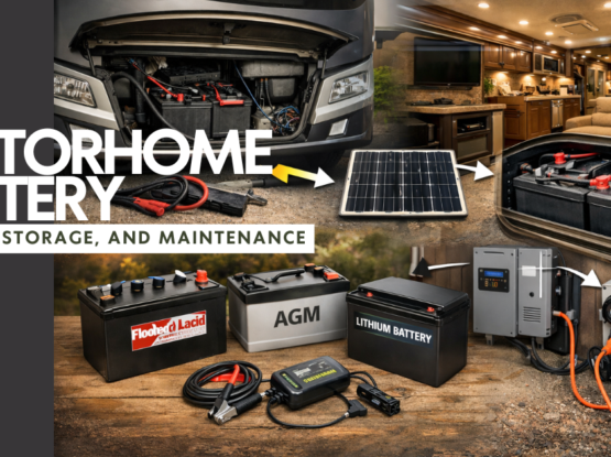 Motorhome battery system diagram showing chassis batteries house batteries lithium AGM battery types solar charging and inverter charger setup