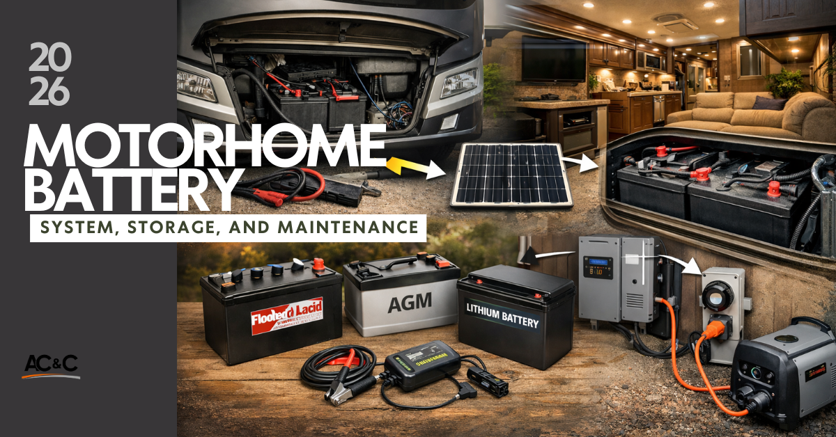 Motorhome battery system diagram showing chassis batteries house batteries lithium AGM battery types solar charging and inverter charger setup