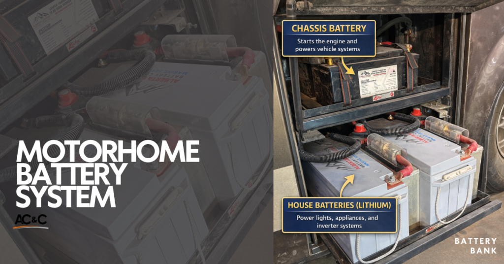 motorhome lithium chassis battery and lithium house battery bank in RV battery compartment