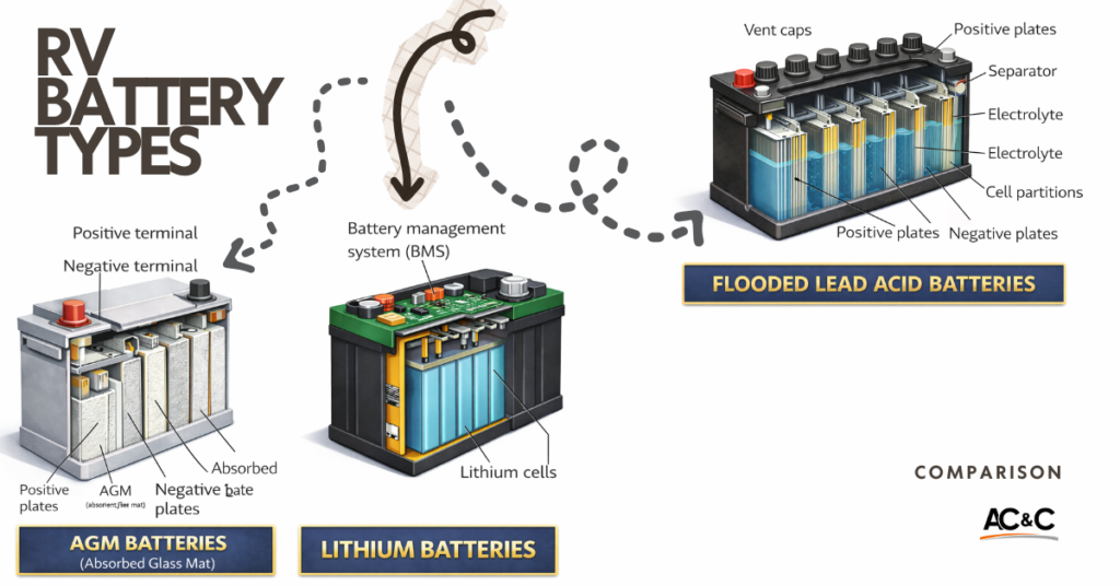 cutaway diagram comparing flooded lead acid AGM and lithium RV batteries