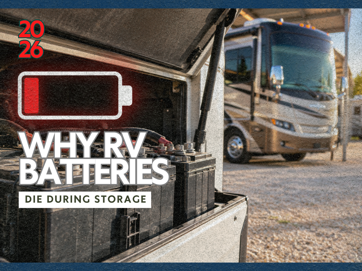Motorhome battery compartment showing discharged RV batteries during storage, highlighting common battery drain and charging issues.