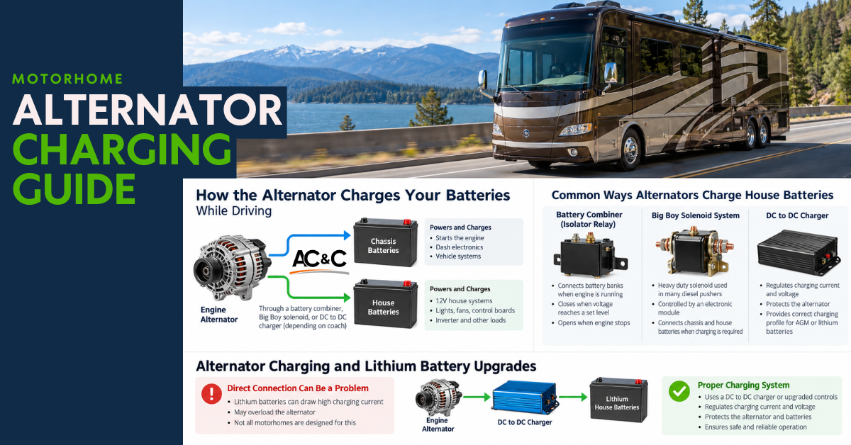 Motorhome alternator charging diagram showing chassis and house battery charging while driving