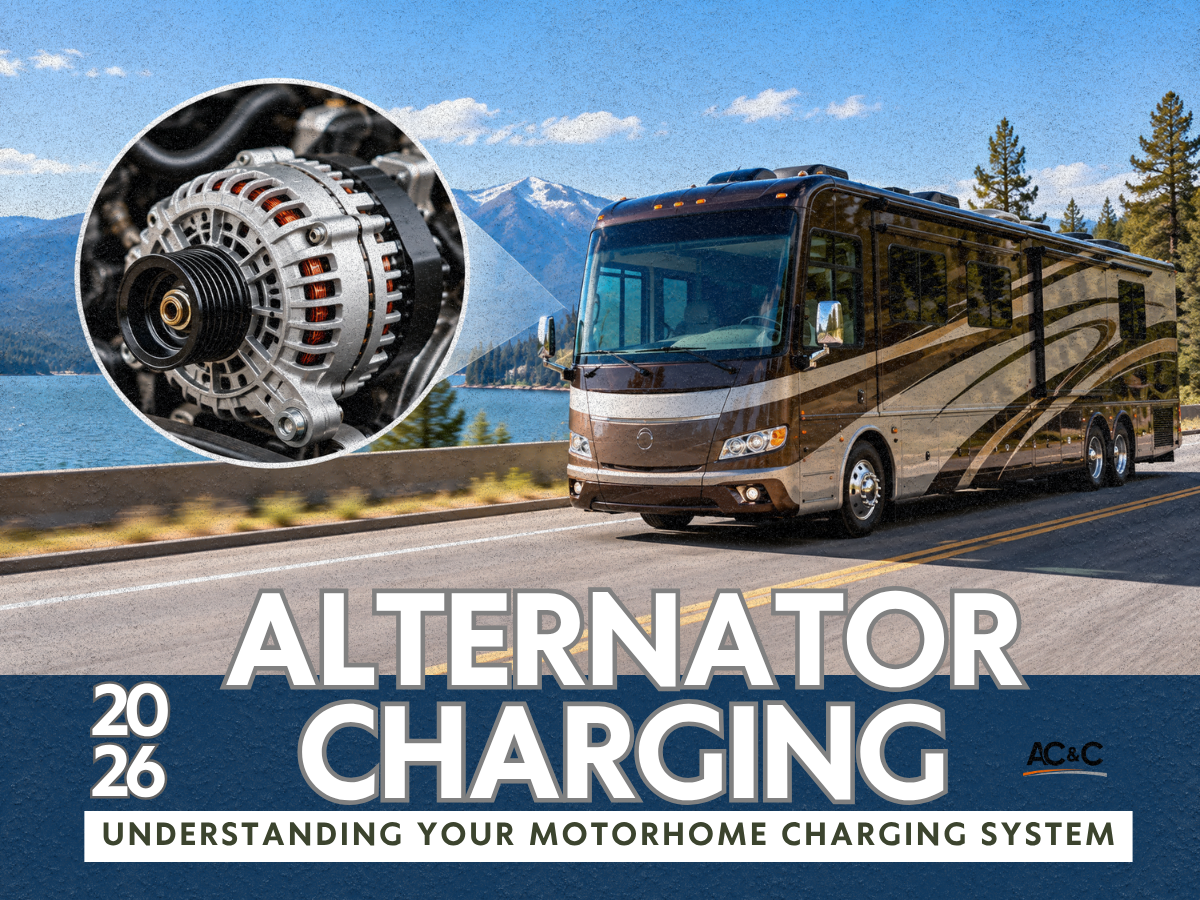 Class A motorhome driving with engine alternator showing motorhome battery charging while traveling